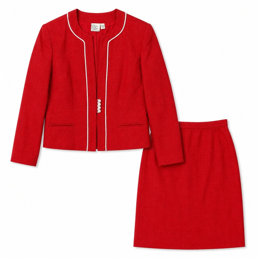 Vtg 60s Red Skirt Suit Set White Piping Ball Buttons sz 14 Mod Jackie 'o style